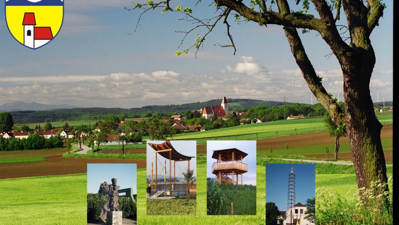 Kapelln, © z.V.g. Marktgemeinde Kapelln Landschaft mit Kirche und Baum im Vordergrund, mehrere kleine Bilder von Sehenswürdigkeiten eingeblendet.