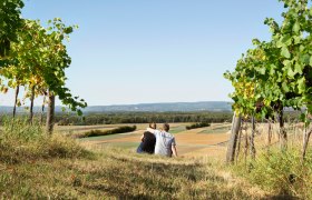 Weinbau Julian Winter, © Julian Winter Ein Paar sitzt auf einem Hügel zwischen Weinreben und blickt auf eine weite Landschaft mit Feldern und Hügeln im Hintergrund.