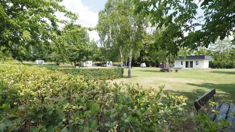 TDR-Campingplatz Zwentendorf, © Marika Ofner Stellplatz auf einer frisch gemähten Wiese. Abgegrenzt durch eine Hecke.