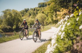 Zwei Radfahrerinnen fahren entlang des Traisental-Radwegs, der durch bewaldetes Gebiet f&uuml;hrt.