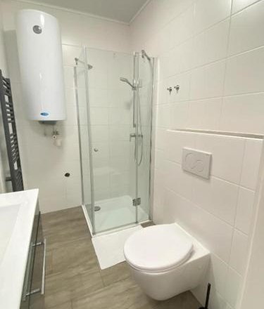 Badezimmer mit Dusche und WC, weiße Fliesen