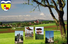 Landschaft mit Kirche und Baum im Vordergrund, mehrere kleine Bilder von Sehenswürdigkeiten eingeblendet.