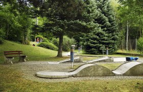 Minigolfanlage mit Betonbahnen und Bäumen im Hintergrund.