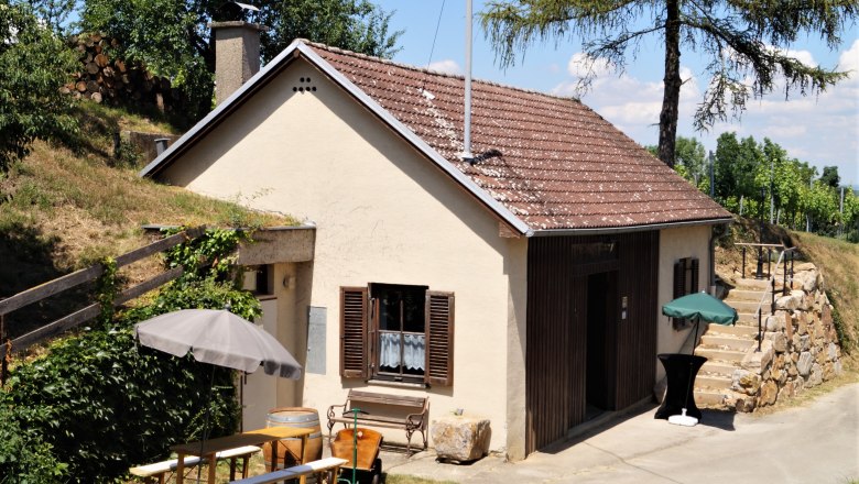 Kleines Presshaus mit Holztisch und Sonnenschirm davor, umgeben von Bäumen und Weinbergen.