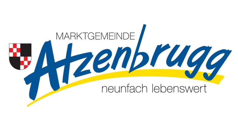 Logo der Marktgemeinde Atzenbrugg mit Wappen und Slogan 'neunfach lebenswert'.