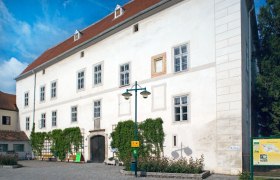 Schloss Traismauer mit weißer Fassade und roten Dachziegeln, umgeben von Pflanzen und einem gepflasterten Vorplatz.