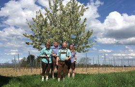 Vier Personen stehen vor einem blühenden Baum auf einem Feld.