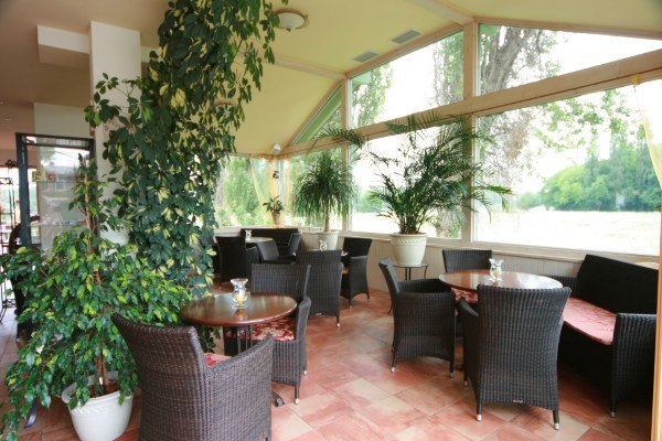 Ein heller Wintergarten mit Korbm&ouml;beln und vielen Pflanzen.