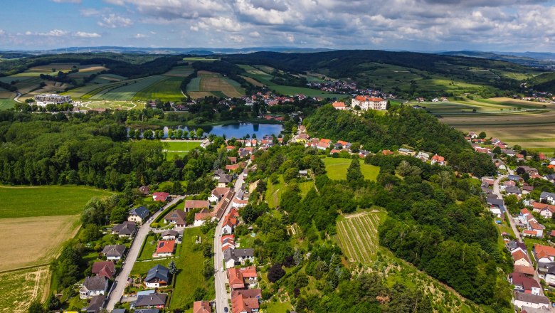 Luftaufnahme einer l&auml;ndlichen Region mit Feldern, einem See und einem Schloss auf einem H&uuml;gel.